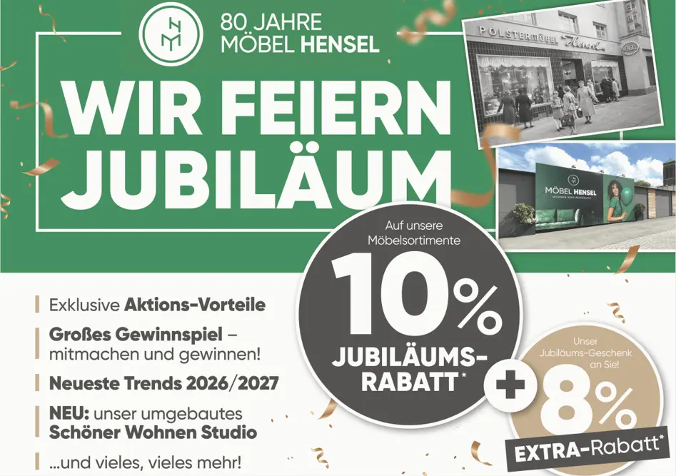 Grüner Banner mit Text Wir feiern Jubiläum und 80 Jahre Möbel Hensel sowie Hinweis auf 10 Prozent Jubiläumsrabatt